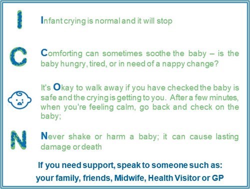 Infant crying is normal and it will stop. Comforting can sometimes soothe the baby - is the baby hungry, tired or in need of a nappy change? it's Okay to walk away if you have checked the baby is safe and the crying is getting to you. After a few minutes when you're feeling calm, go back and check the baby. Never shake or harm a baby, it can cause lasting damage or death.